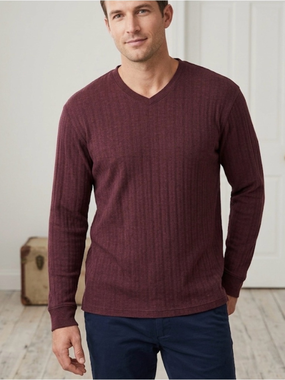 Consensus Luxury Knit Ribbed V-Neck Top XL Burgundy Merlot Long Sleeve Heritage